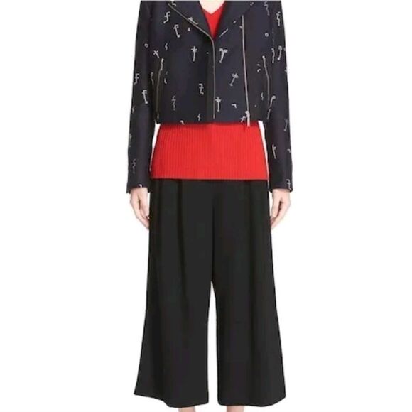 Grey Jason Wu Embroidered Face Crop Moto Jacket Size 8 - Picture 2 of 7